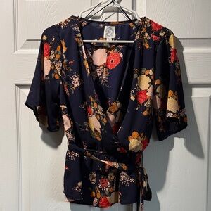 Blue Rain Navy and Red Floral Wrap Blouse